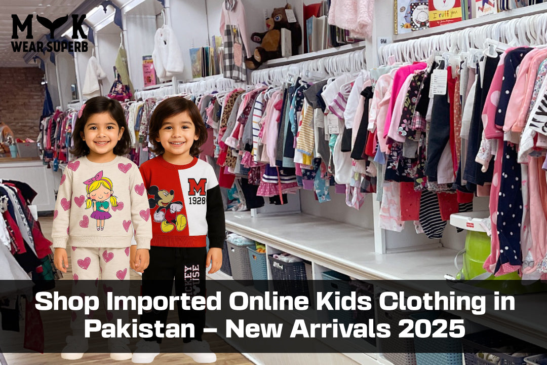 Shop Imported Online Kids Clothing in Pakistan – New Arrivals 2025 with two children in stylish outfits.
