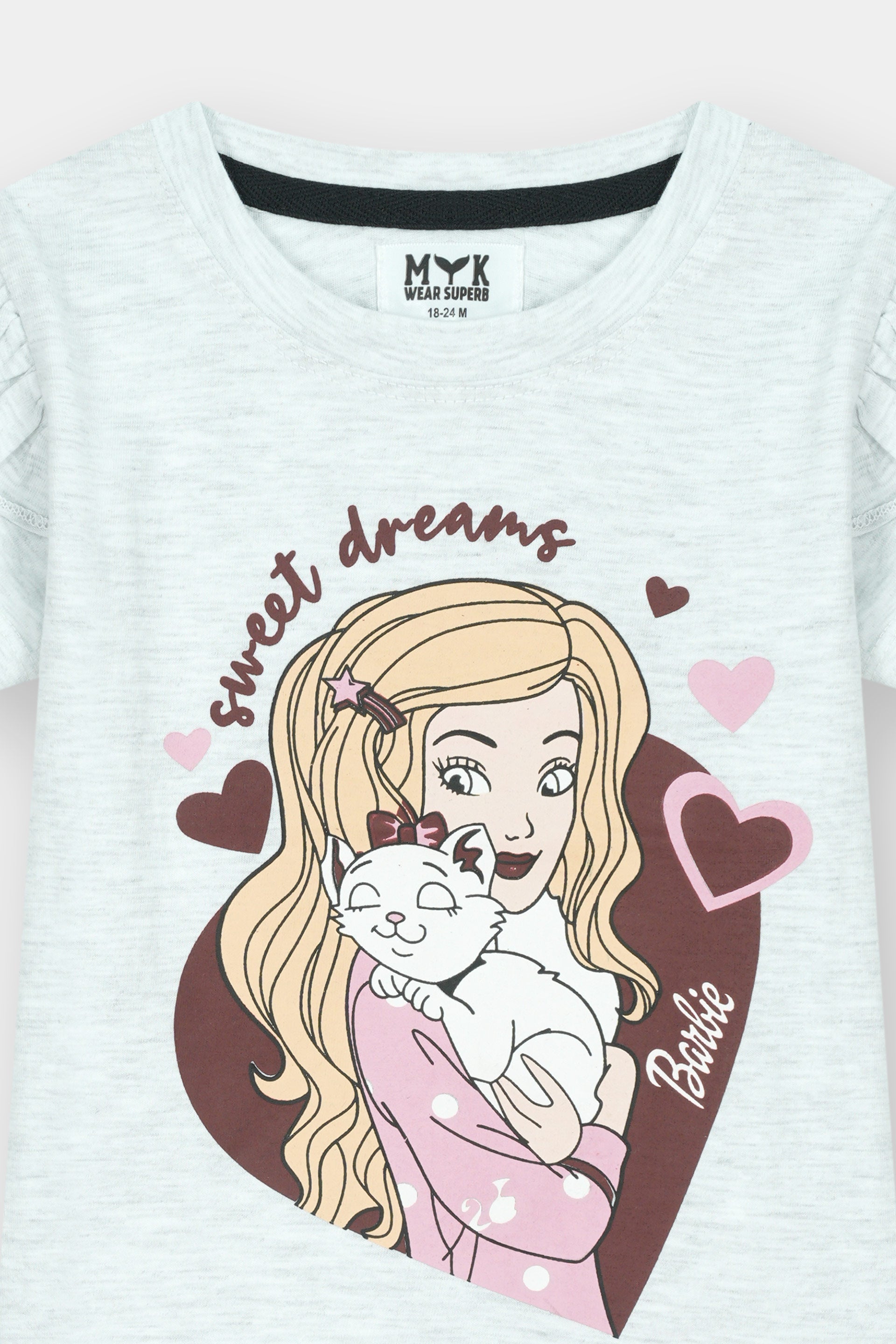 Girls Night Suit - Barbie Sweet Dreams Print Grey Top & Maroon Polka Dot Trousers by MYK - MYK_Fatimas