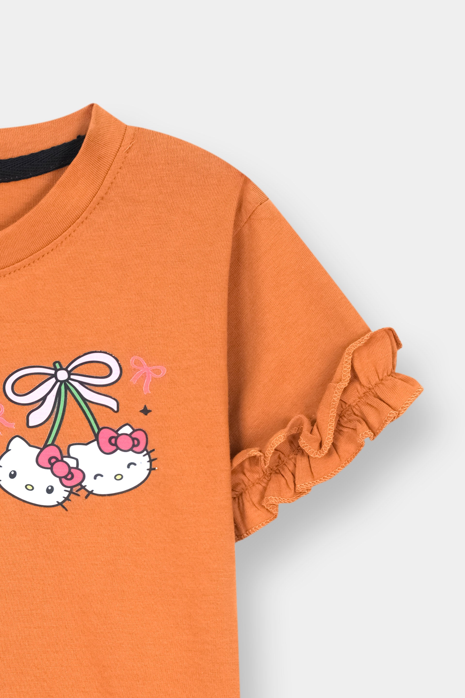 Girls Orange Kitty Print Frill Co-Ord Set – Cute Ruffle T-Shirt & Trouser Outfit - MYK_Fatimas