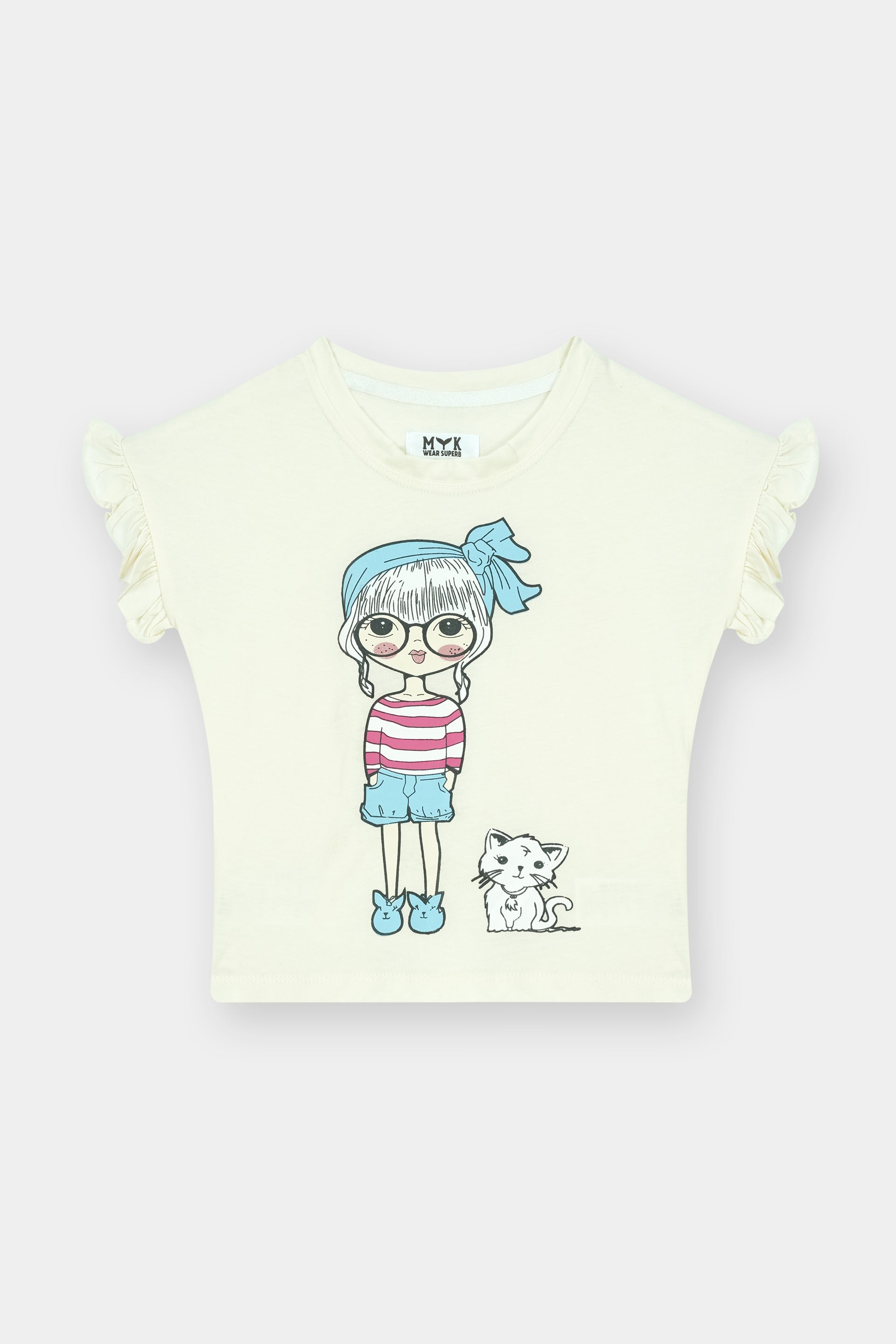 Cute Doll & Cat White Printed T-Shirt with Pink Striped Trouser Set - MYK_Fatimas