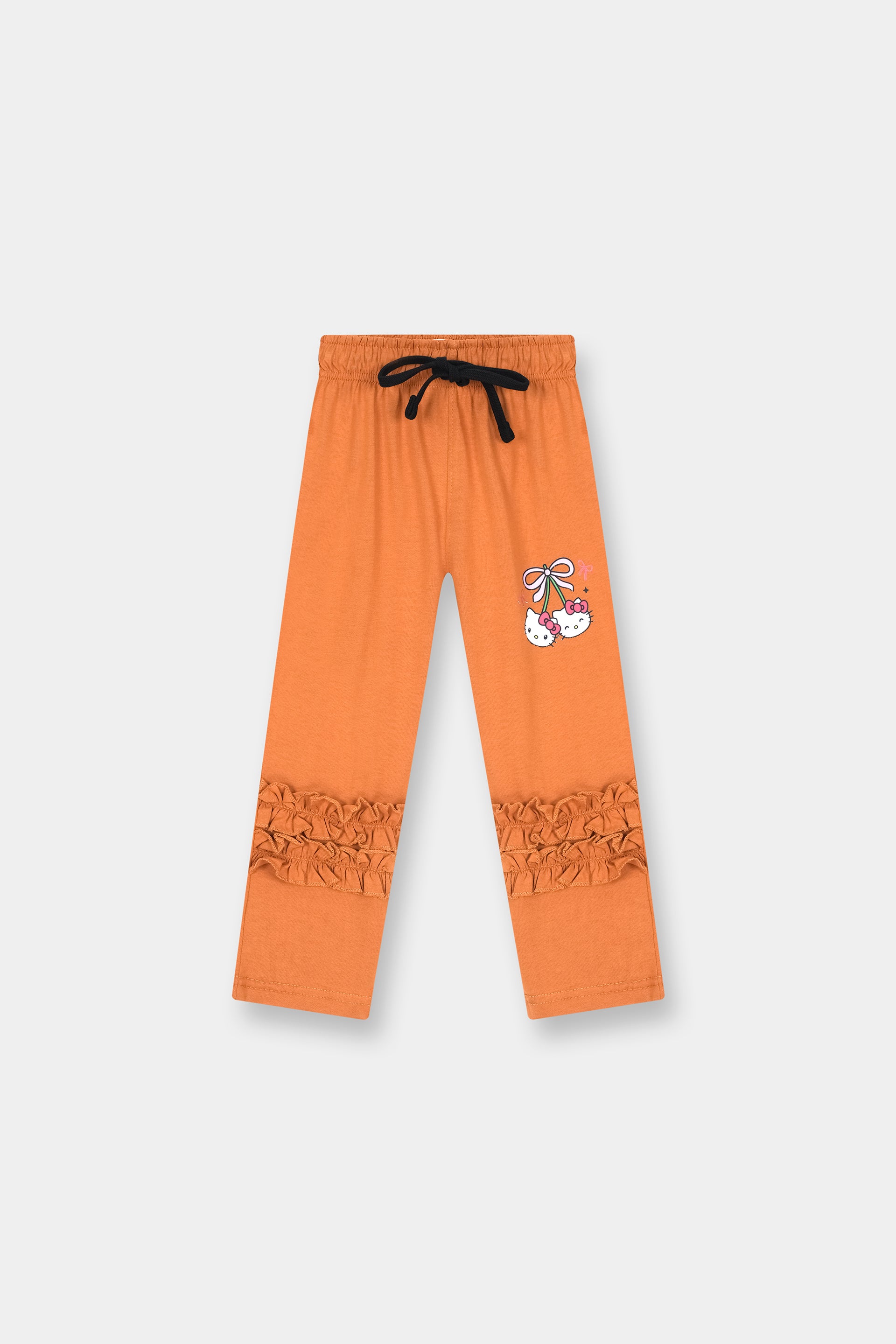 Girls Orange Kitty Print Frill Co-Ord Set – Cute Ruffle T-Shirt & Trouser Outfit - MYK_Fatimas