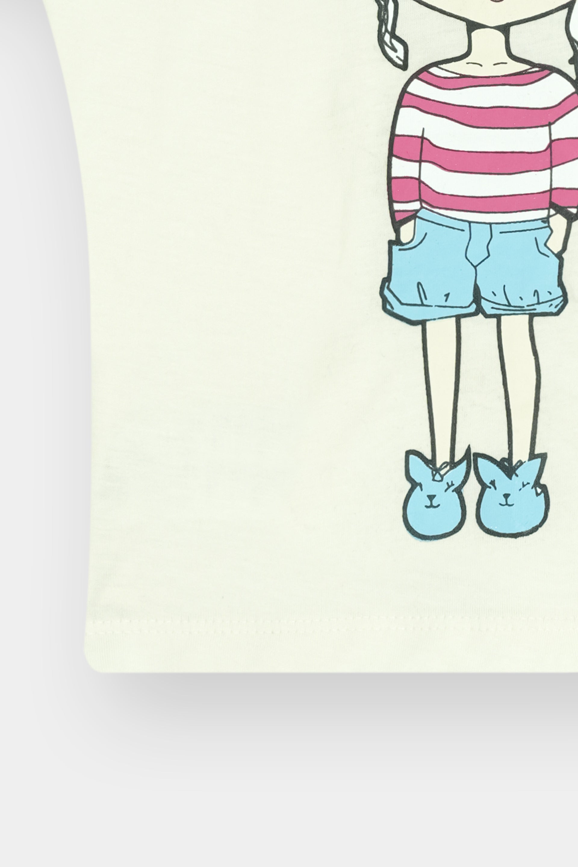 Cute Doll & Cat White Printed T-Shirt with Pink Striped Trouser Set - MYK_Fatimas