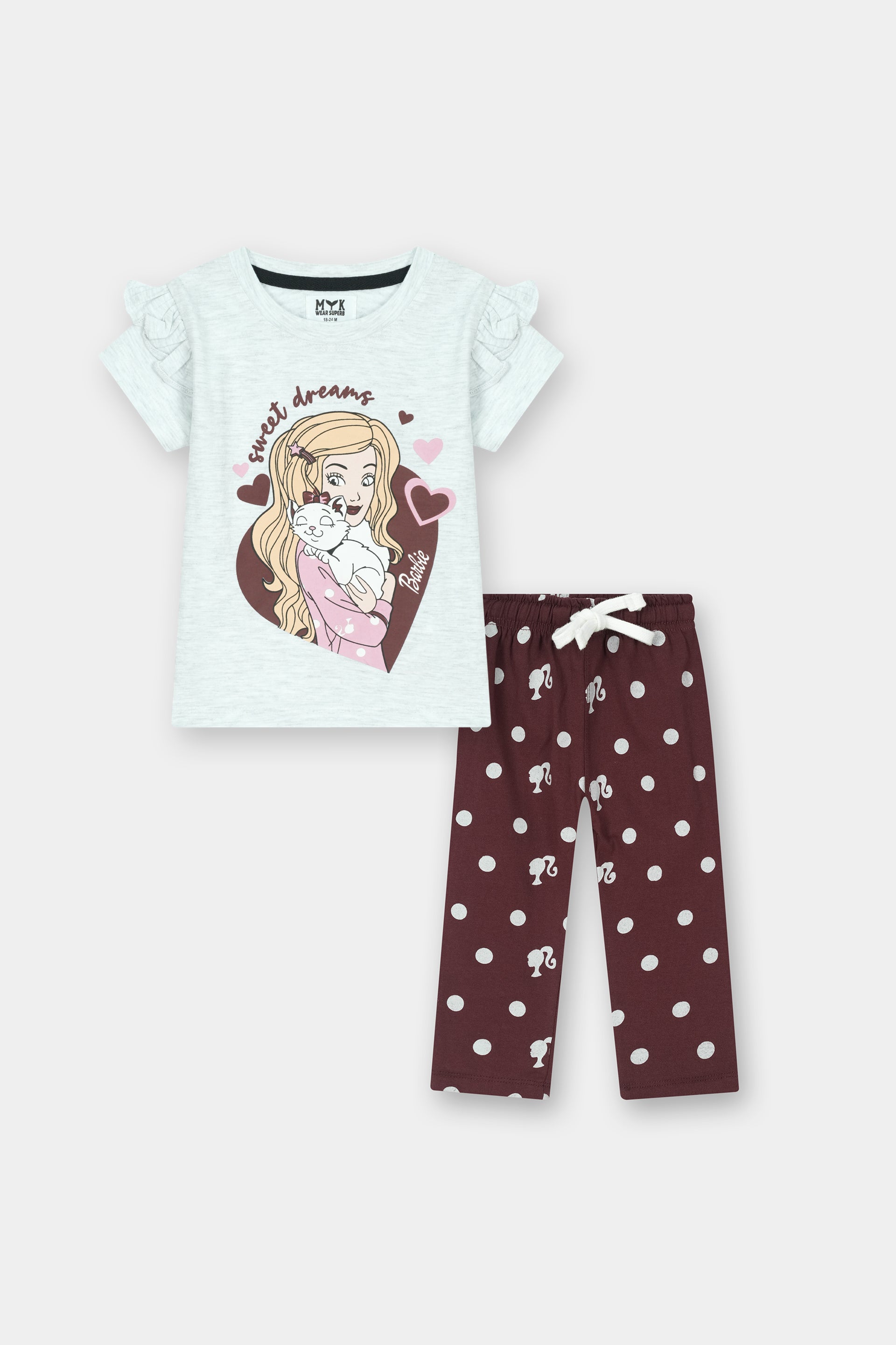 Girls Night Suit - Barbie Sweet Dreams Print Grey Top & Maroon Polka Dot Trousers by MYK - MYK_Fatimas