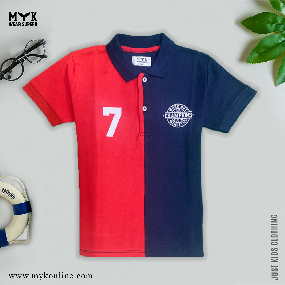 Red & Navy Blue Color blocked Collar Neck Half Sleeve Polo-Shirt