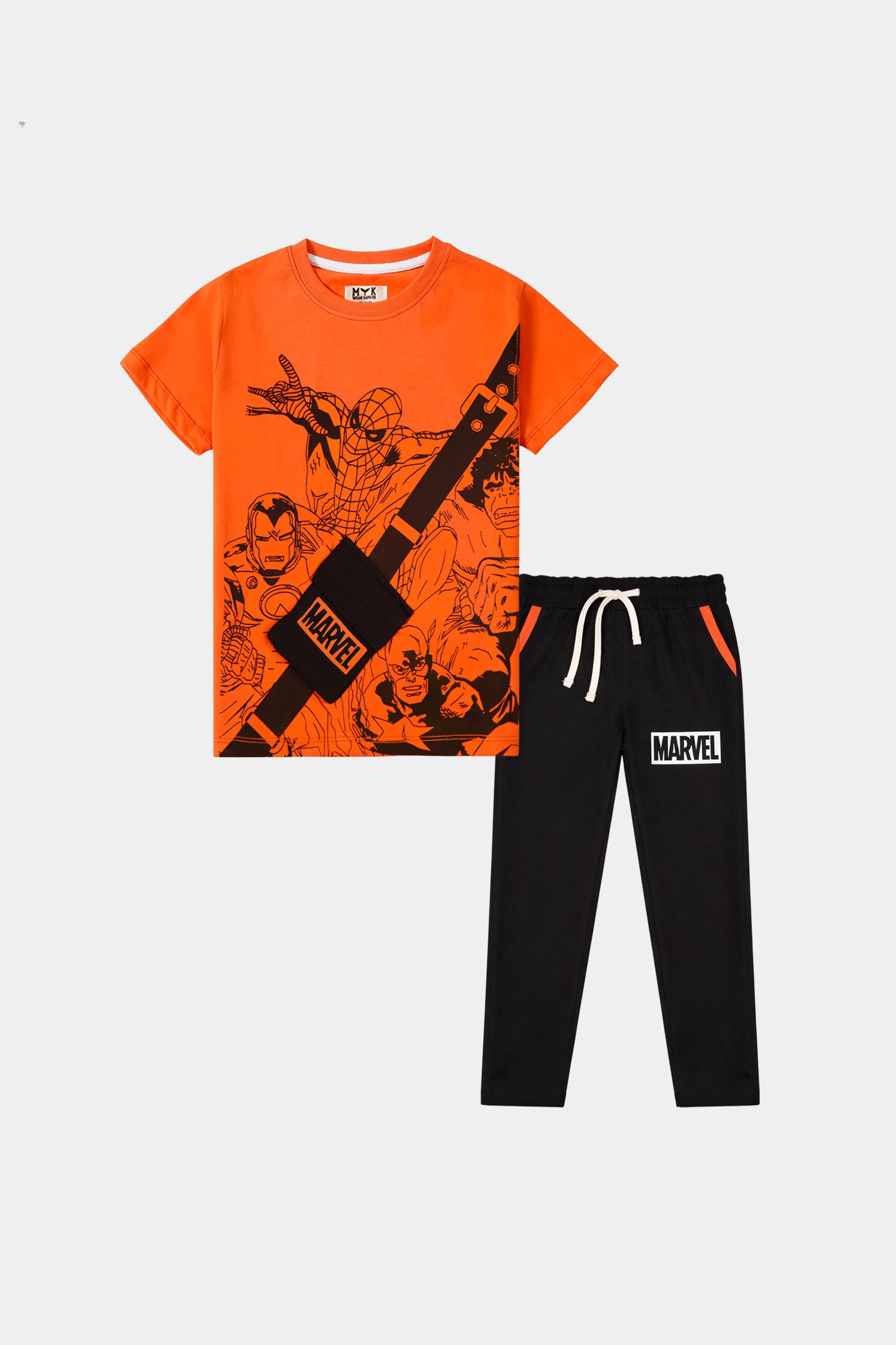 Marvel-Inspired Black Trouser & Orange Shirt Set for Kids – Superhero - MYK_Fatimas
