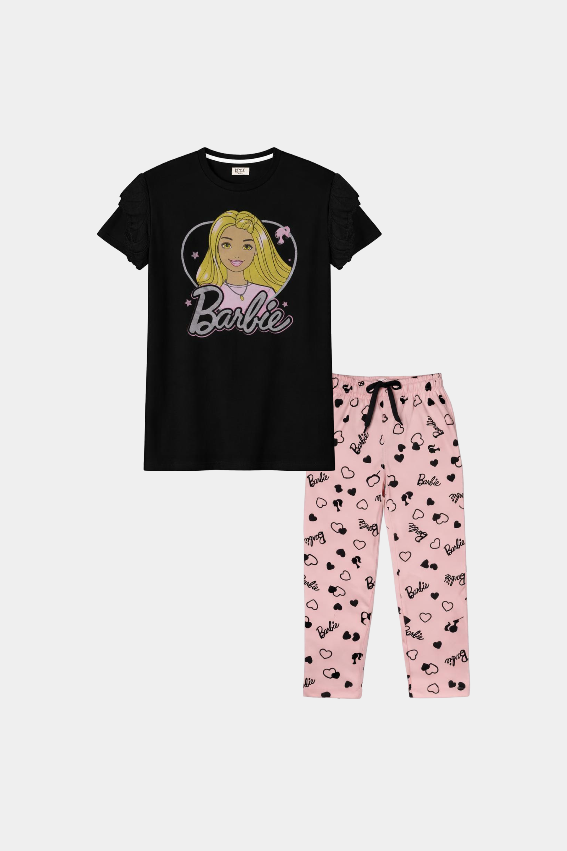 Black Barbie T-Shirt & Pink Printed Pajama Set - MYK_Fatimas