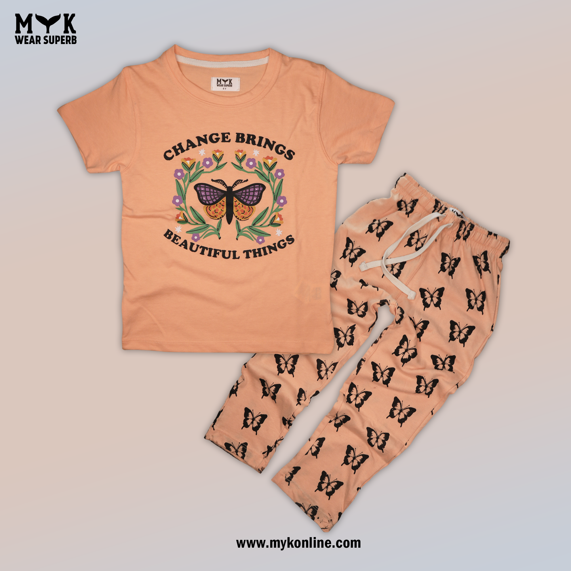 Peach Butterfly Print Girls' Summer Set – Change Brings Beautiful Things