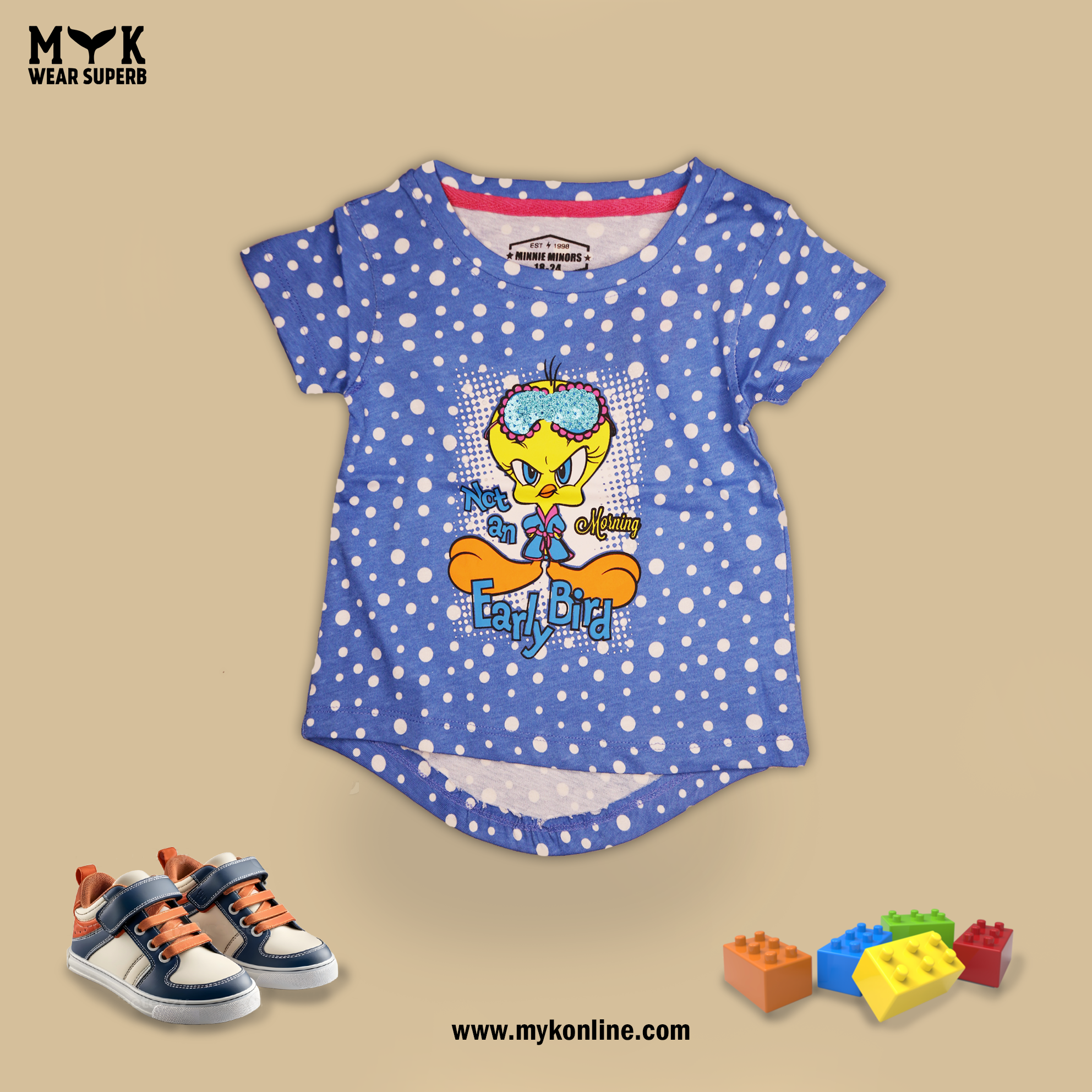 Baby Girl Tweety Printed Blue Dot Tee