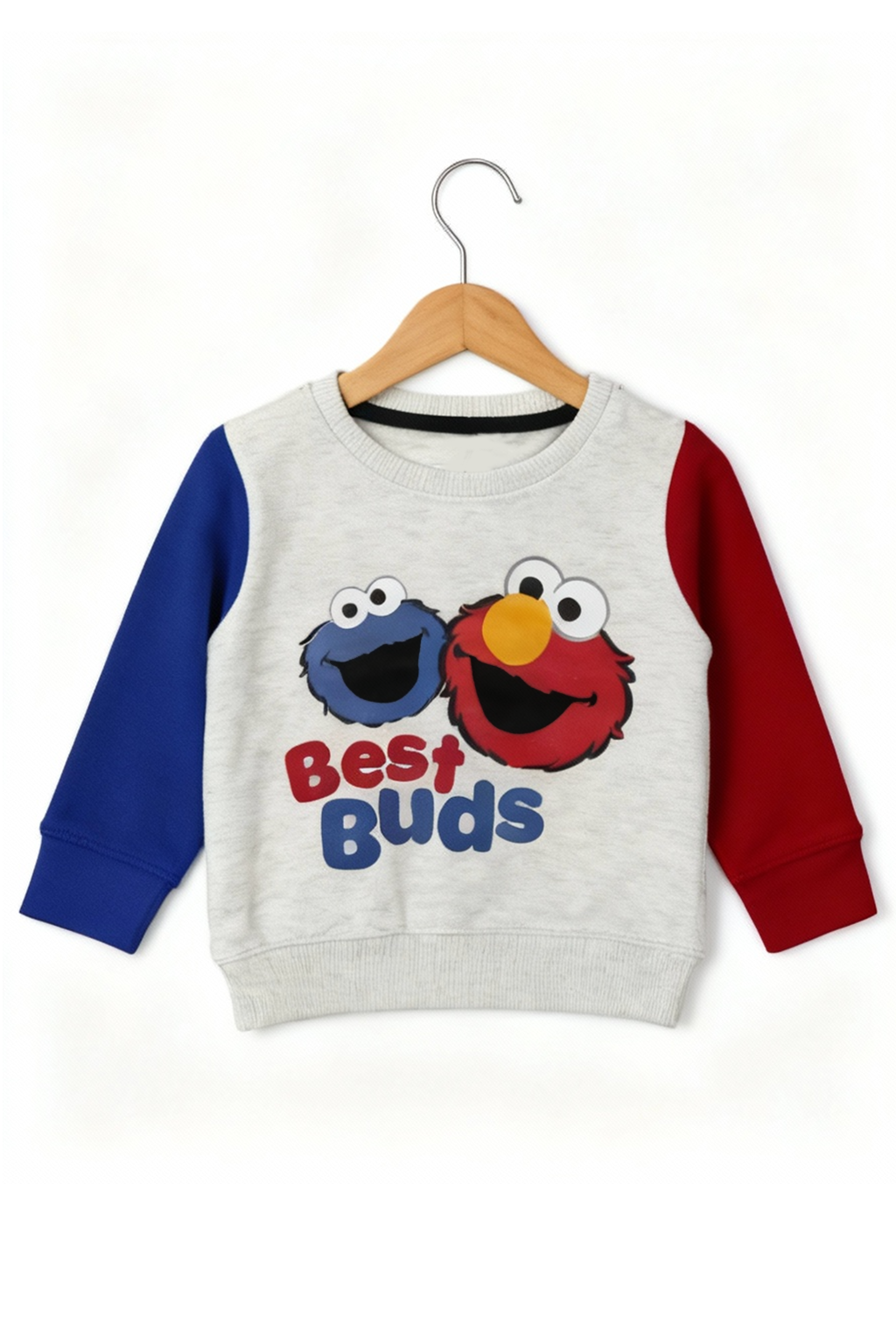 Best Buds Kids Tracksuit featuring Elmo and Cookie Monster print on a sweatshirt with colorful sleeves.