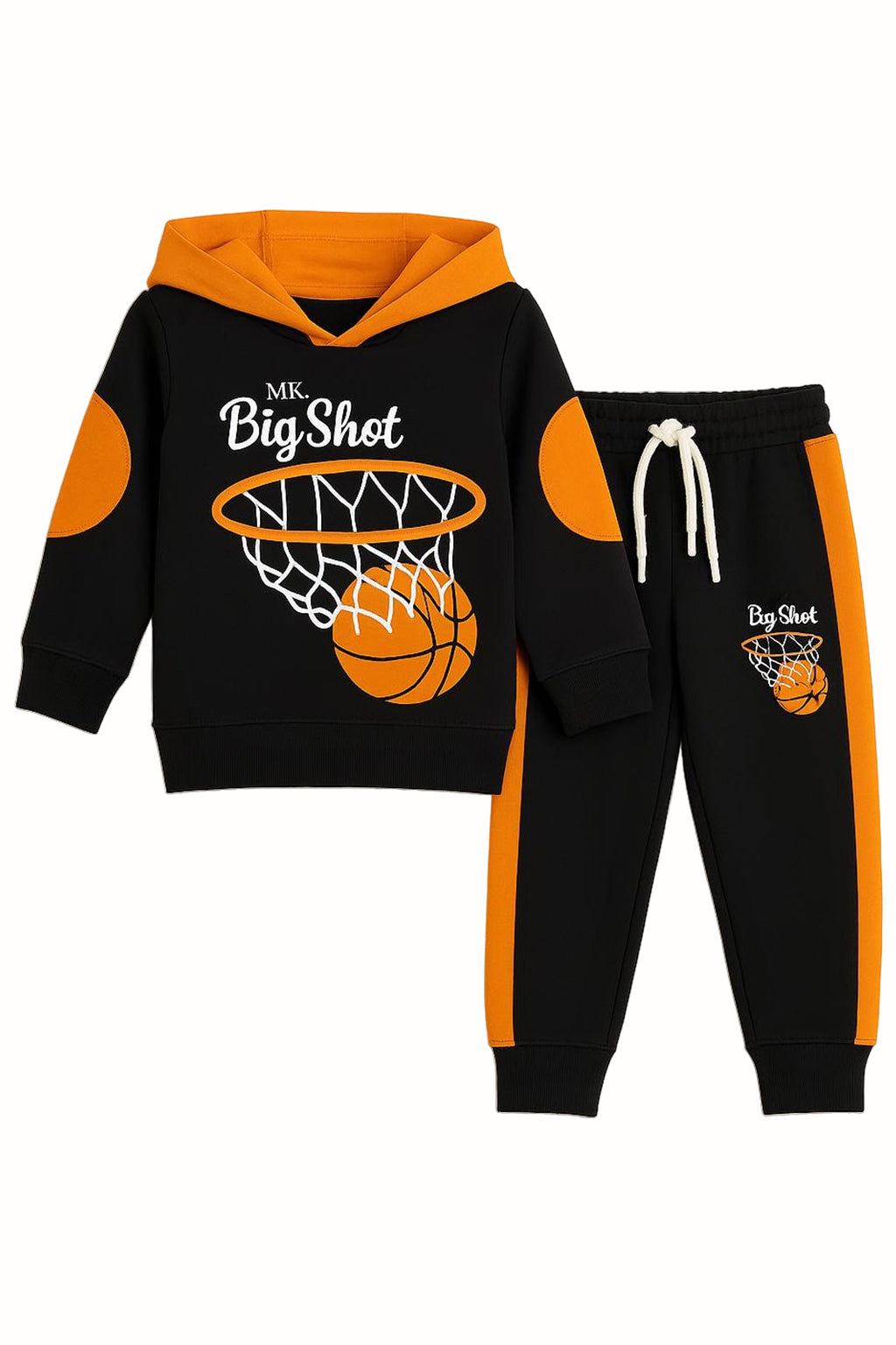 Big Shot Basketball Kids Tracksuit in black and orange, featuring hoodie and sweatpants perfect for active young athletes.