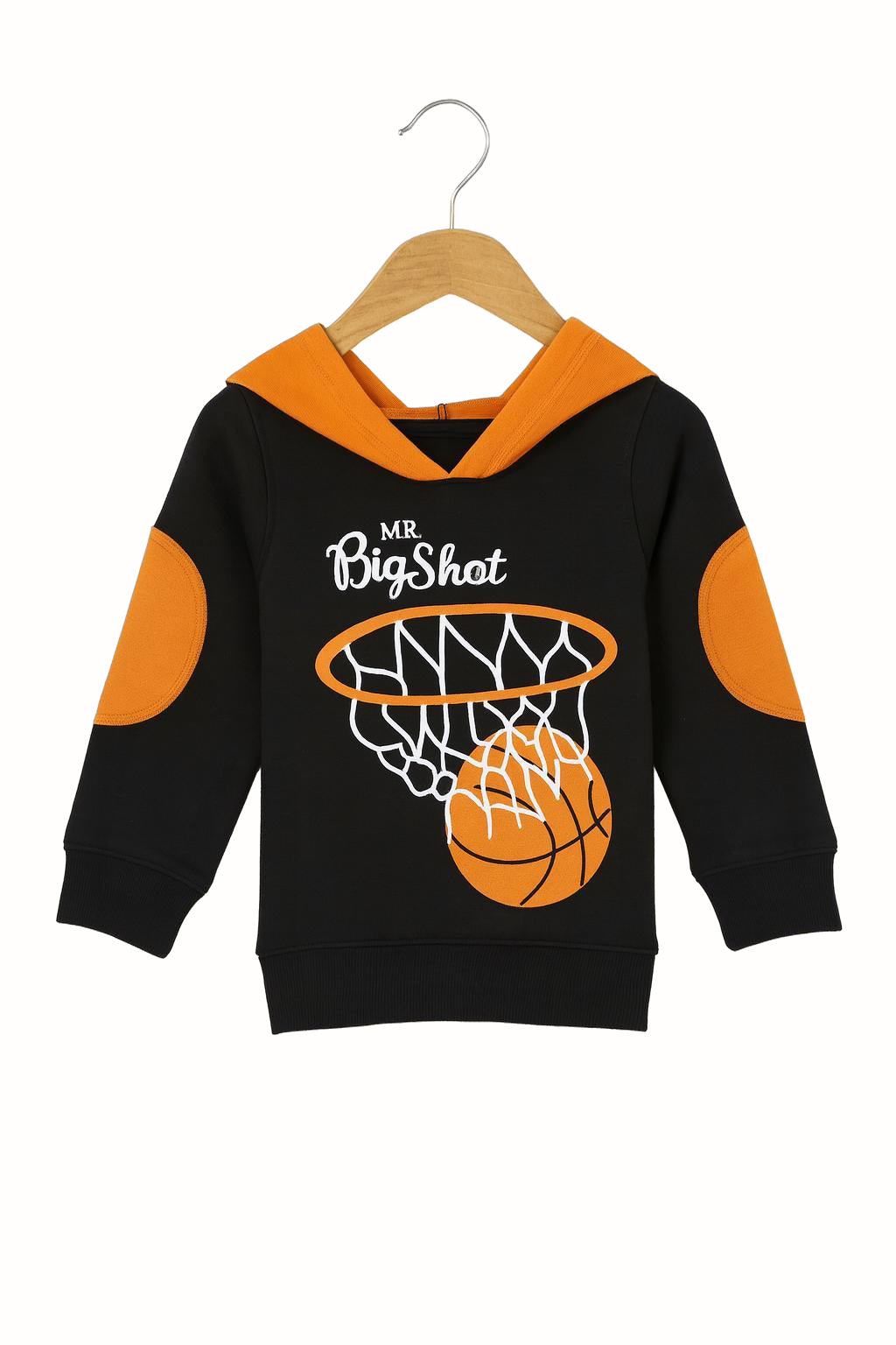Big Shot Basketball Kids Tracksuit featuring a black hoodie with orange accents and basketball graphic.