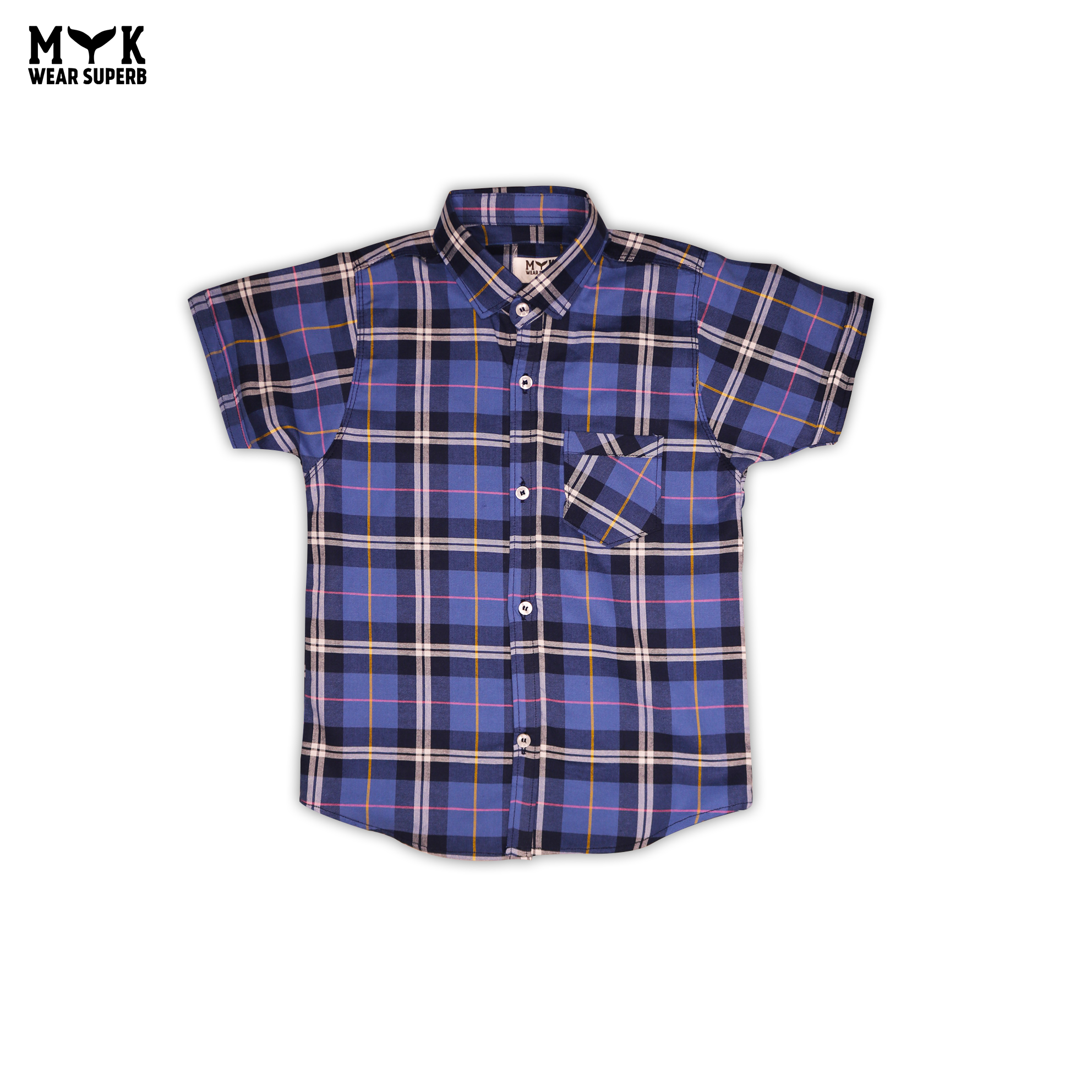 Boys' Trendy Plaid Short-Sleeve Shirt – Blue & White