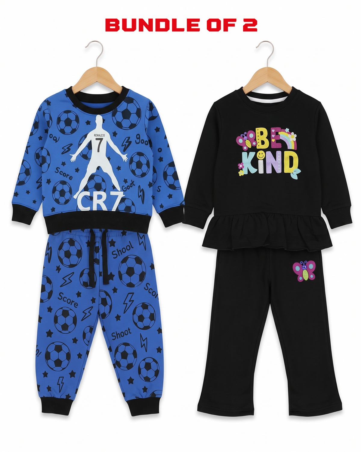 Kids Pack of 2 Sweatshirt & Trouser Sets – Blue CR7 Football & Black Be Kind