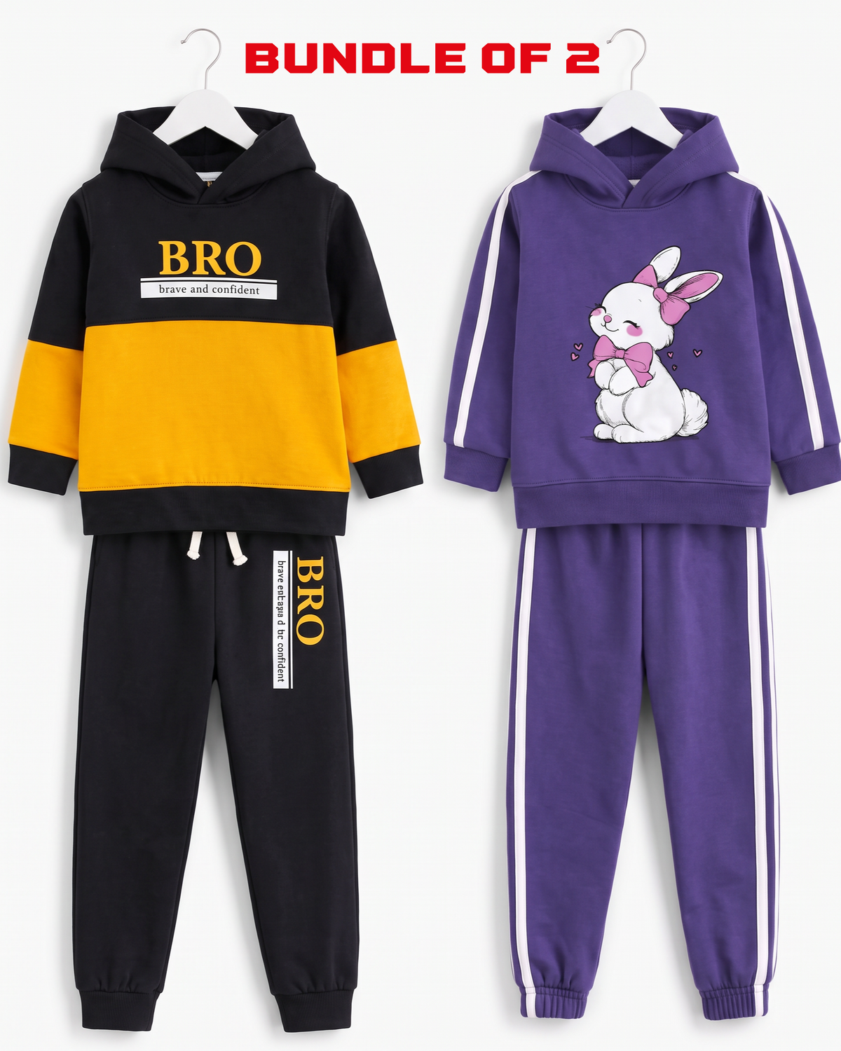 Kids Pack of 2 Hooded Tracksuit Sets – Black BRO & Purple Bunny
