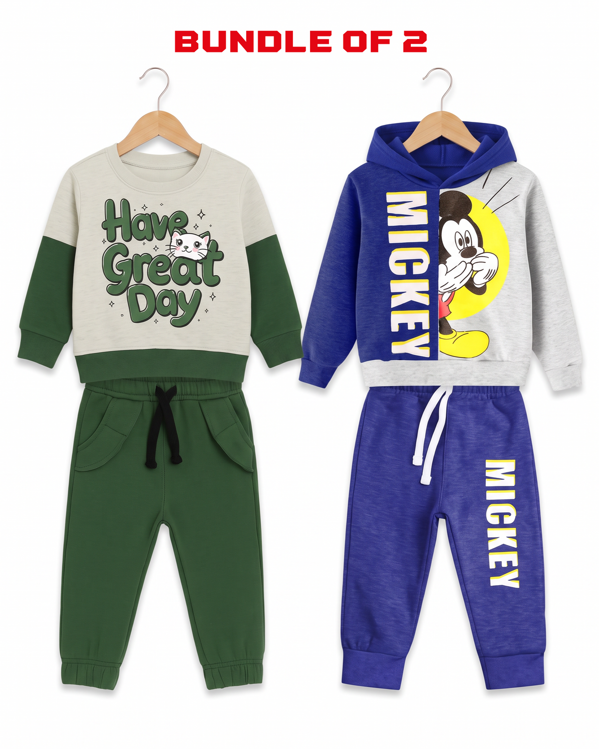 Kids Pack of 2 Hoodies & Trouser Sets – Green Great Day & Blue Mickey