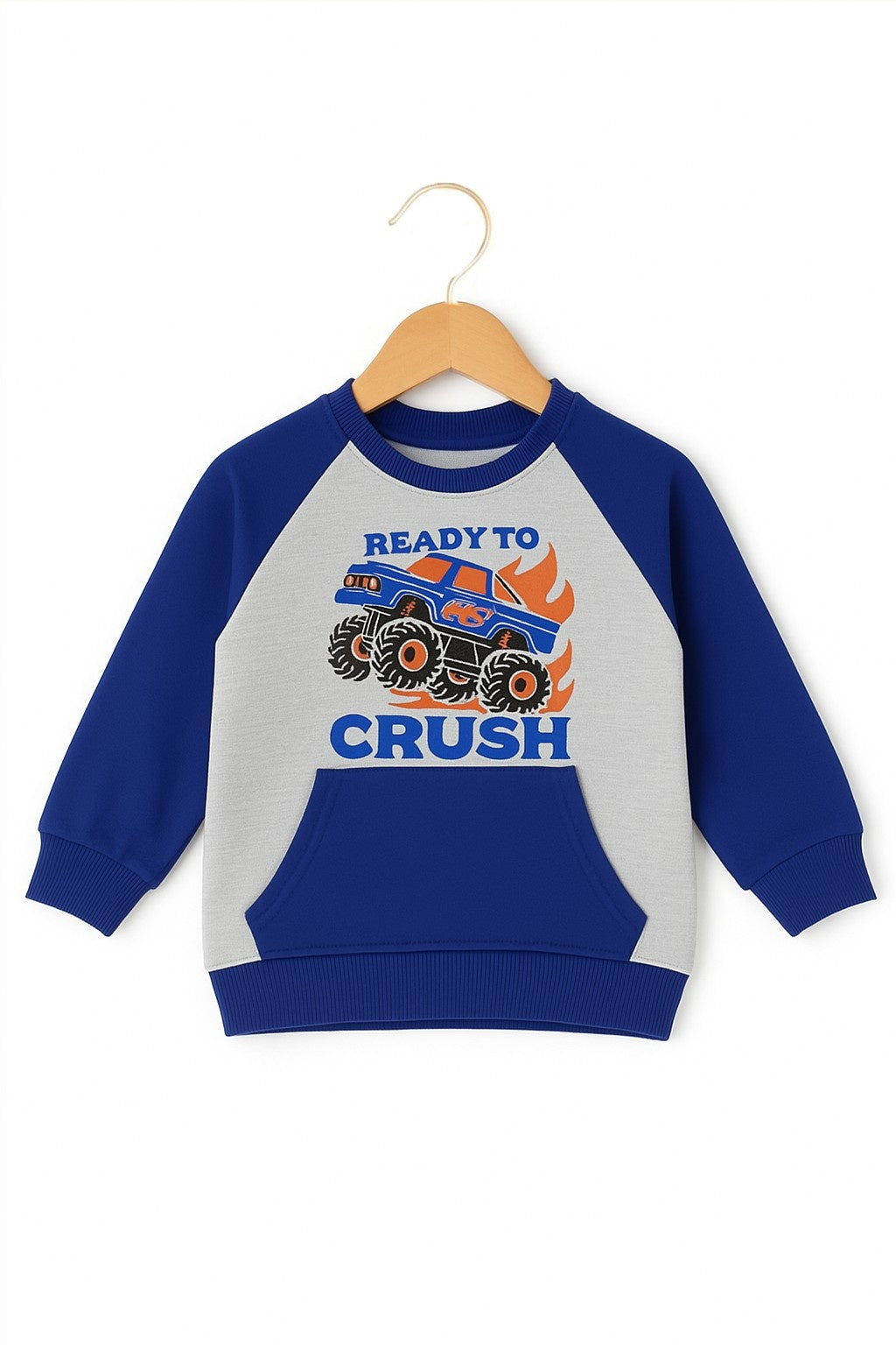 Monster Truck Kids Sweat Suit – Ready to Crush (Blue & Grey)