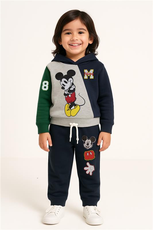Kids Blue, Grey & green Micky Mouse Fleece Hoodie With Pocket Trouser Outfits Set Imported