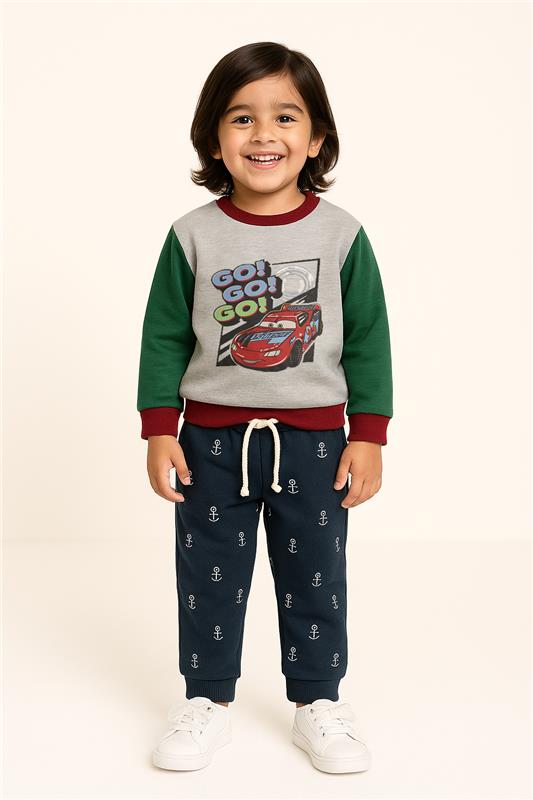 Baby Boy Green Go Go Car Sweatshirt With Blue Anker Trouser 2 Piece Imported Set