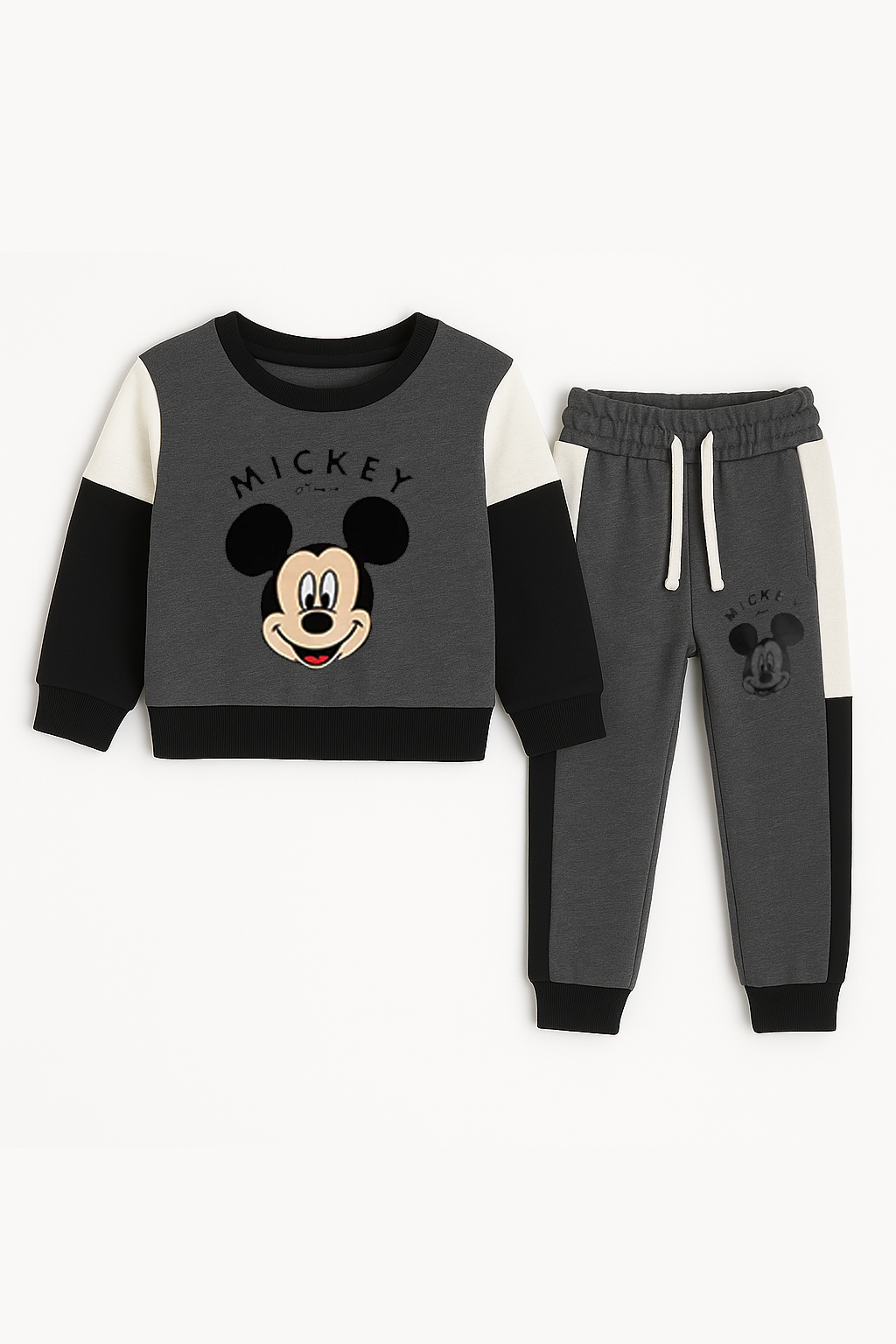 Mickey Mouse Little Boys Fleece Gray Black And White Sweatshirt & Panel Trouser