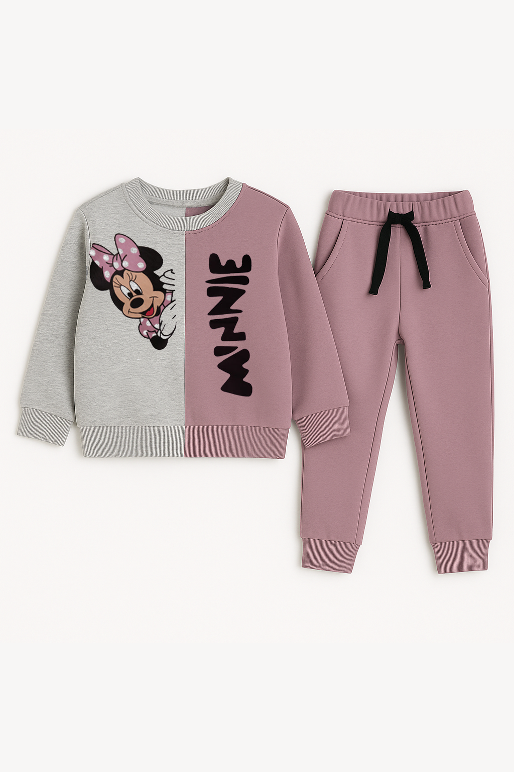 Disney Minnie Mouse Fleece Pink Gray Sweatshirt With Trouser 2 Piece Set