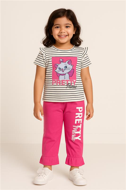 Pretty Marie Girls' Summer Night Suit – Striped Tee & Pink Pajama Set