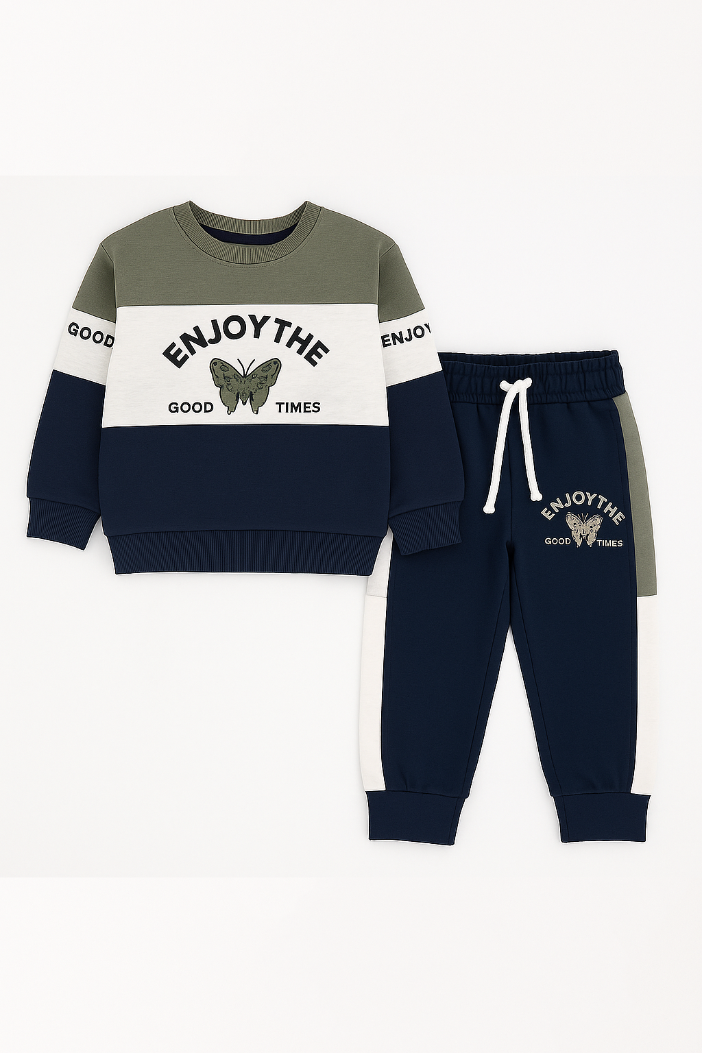 2pcs Set Kids Enjoy Time  Green ,White & navy Blue Sweatshirt With panel Trouser