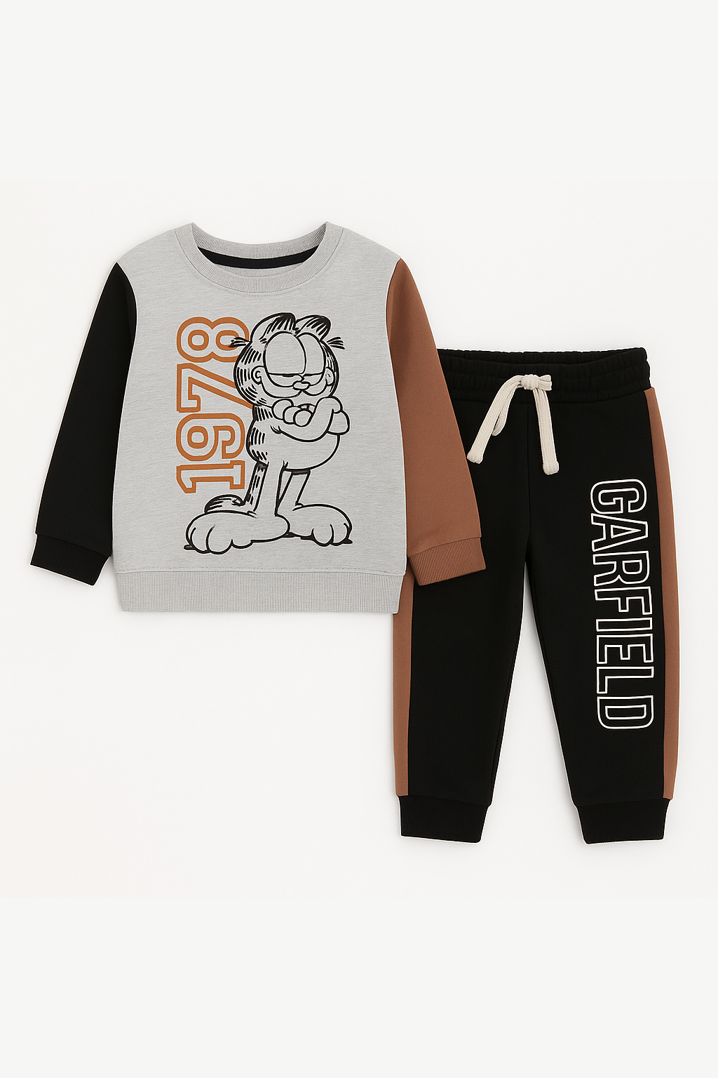 Kids Grey ,brown & black Garfield Print Sweatshirt With Panel Trouser Premium Quality Set