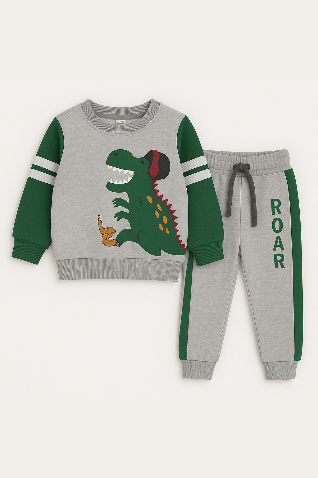 2pcs Set Kids Dinosaur Graphic Green & grey Sweatshirt With panel Trouser