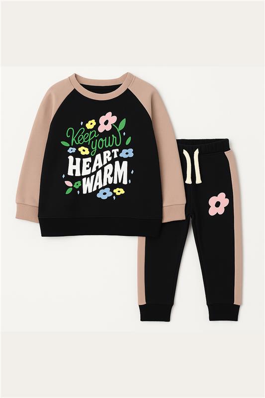Keep Your Heart Warm Baby Girls Pink & Black Graphic Sweatshirt With Panel Trouser