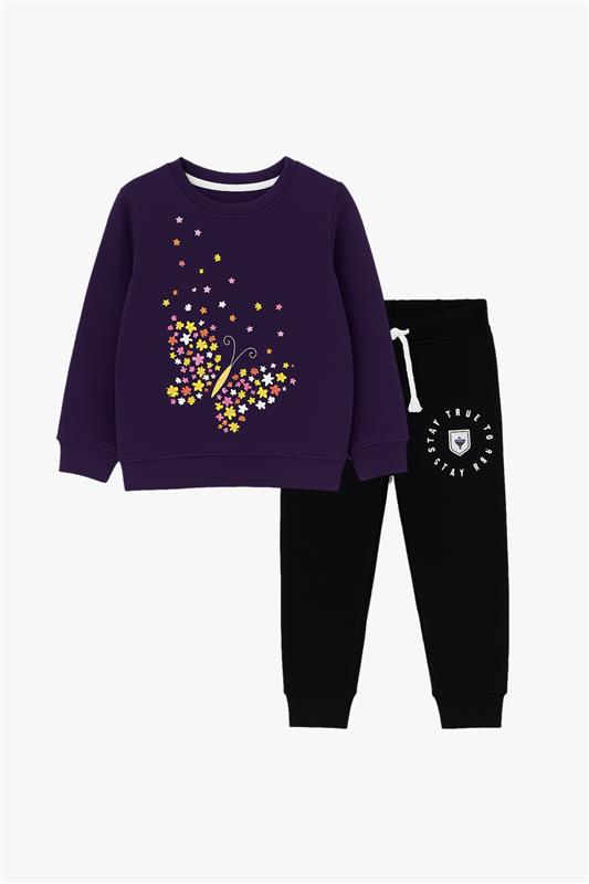 Baby Girl Purple Sweatshirt Butterfly Print & Black Pocket Trouser 2pcs Outfits Set