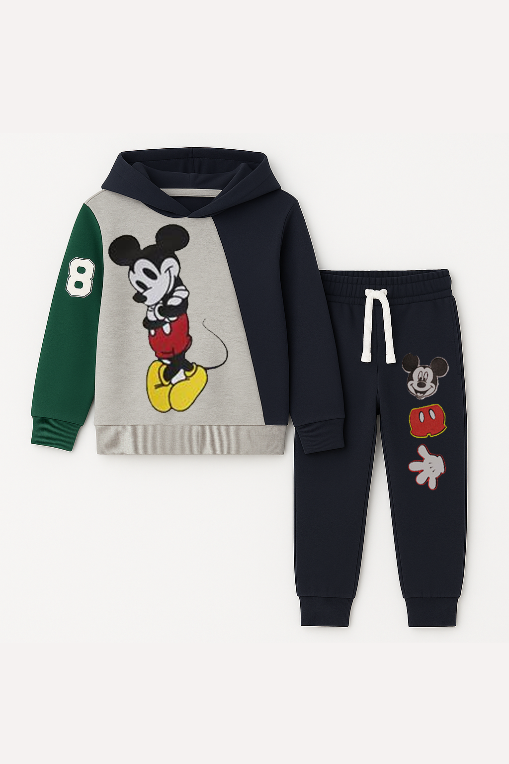 Kids Blue, Grey & green Micky Mouse Fleece Hoodie With Pocket Trouser Outfits Set Imported