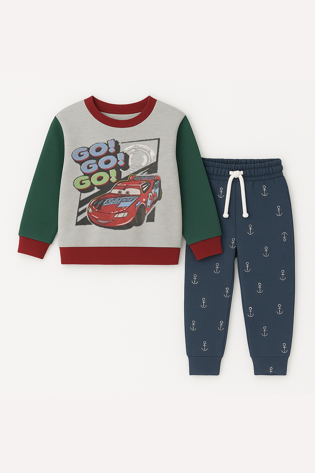 Baby Boy Green Go Go Car Sweatshirt With Blue Anker Trouser 2 Piece Imported Set