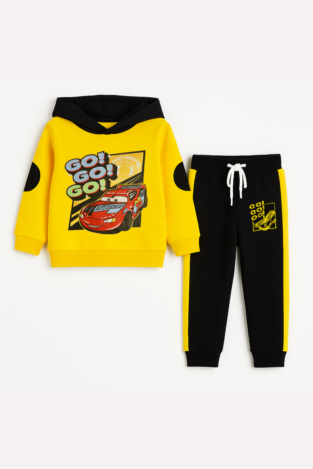 Go Go Go Car Printed Yellow Hoodie & Black Trouser With Dori Outfit Premium Quality Set