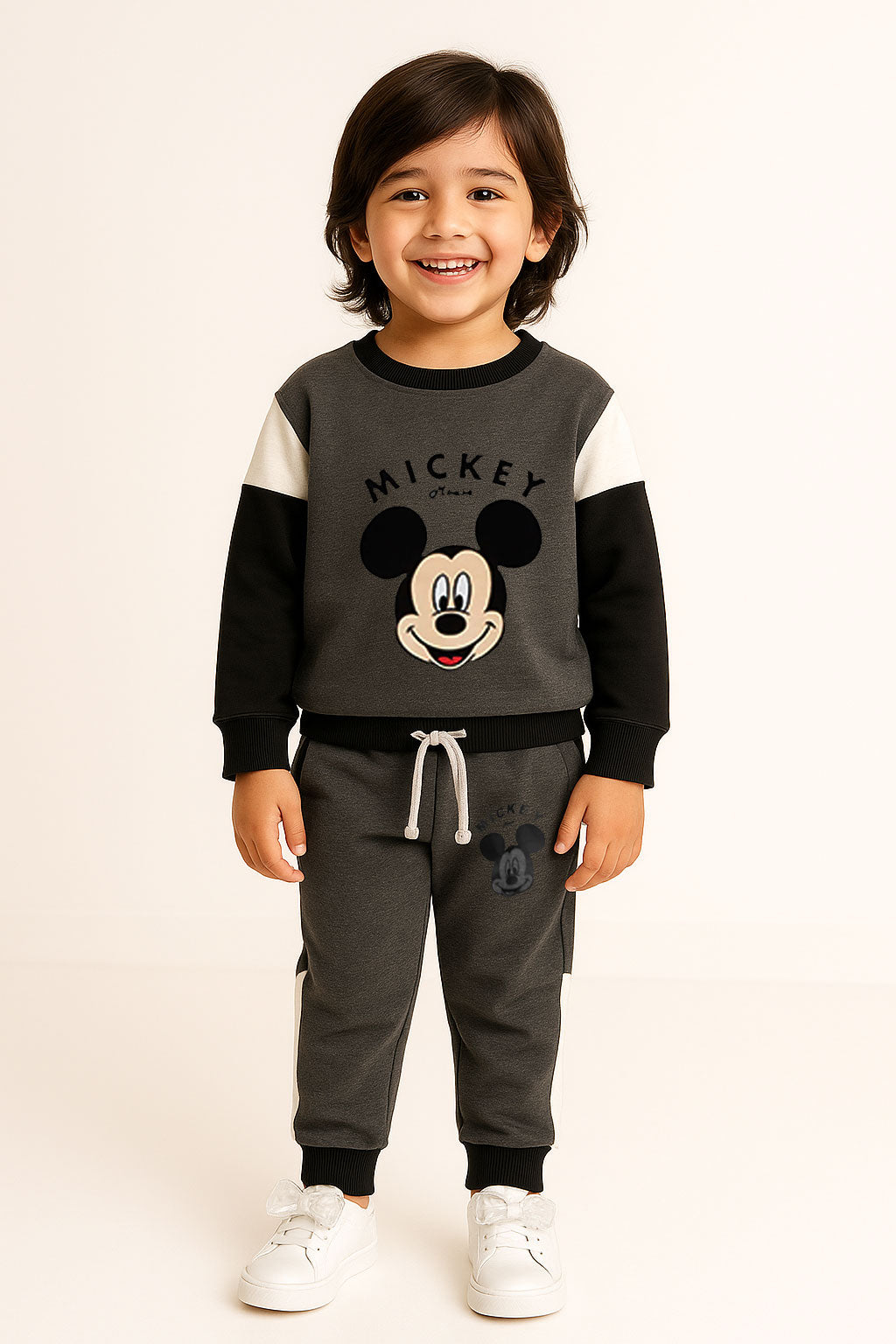Mickey Mouse Little Boys Fleece Gray Black And White Sweatshirt & Panel Trouser