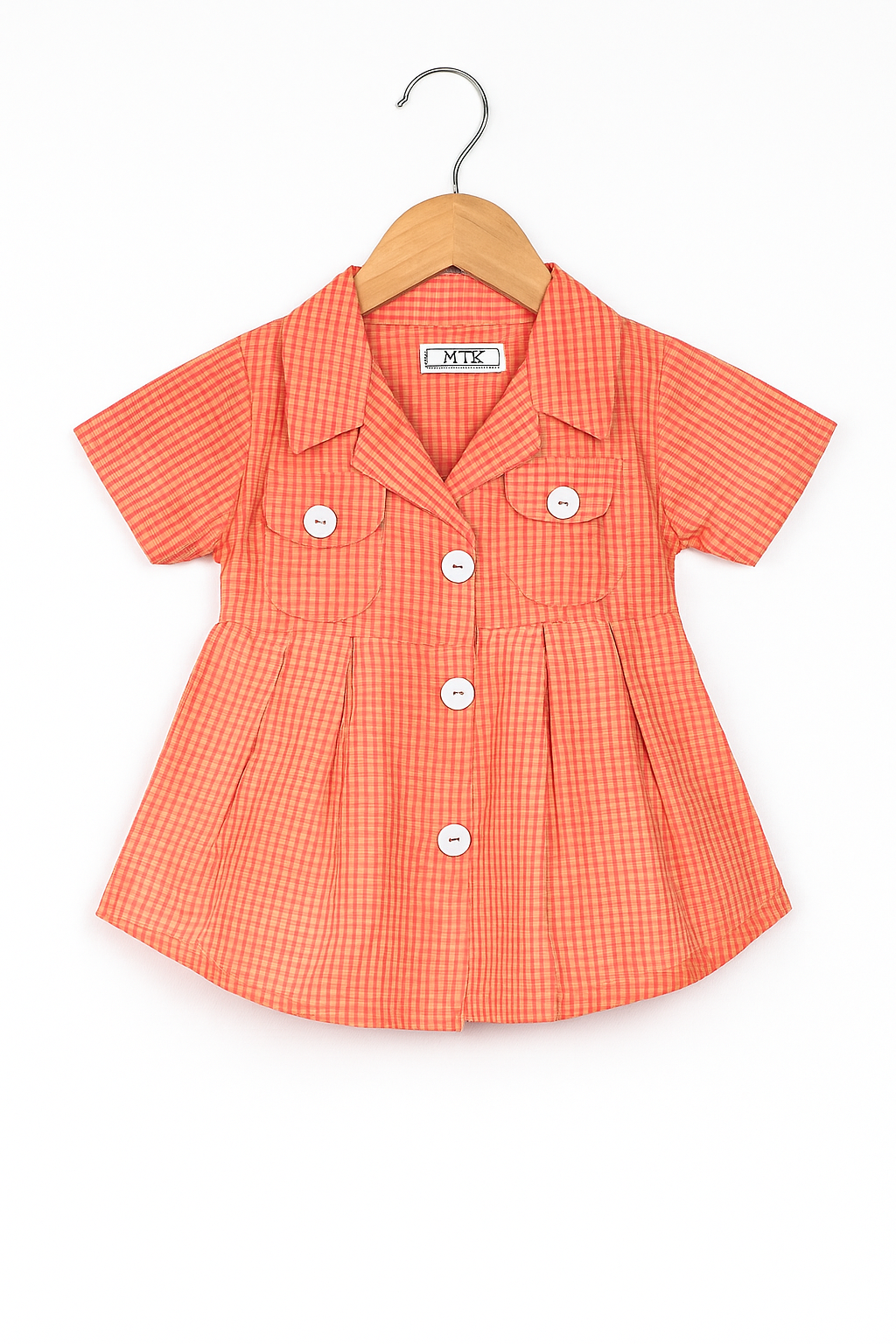 Girls’ Peach Gingham Button-Down Cotton Summer Set