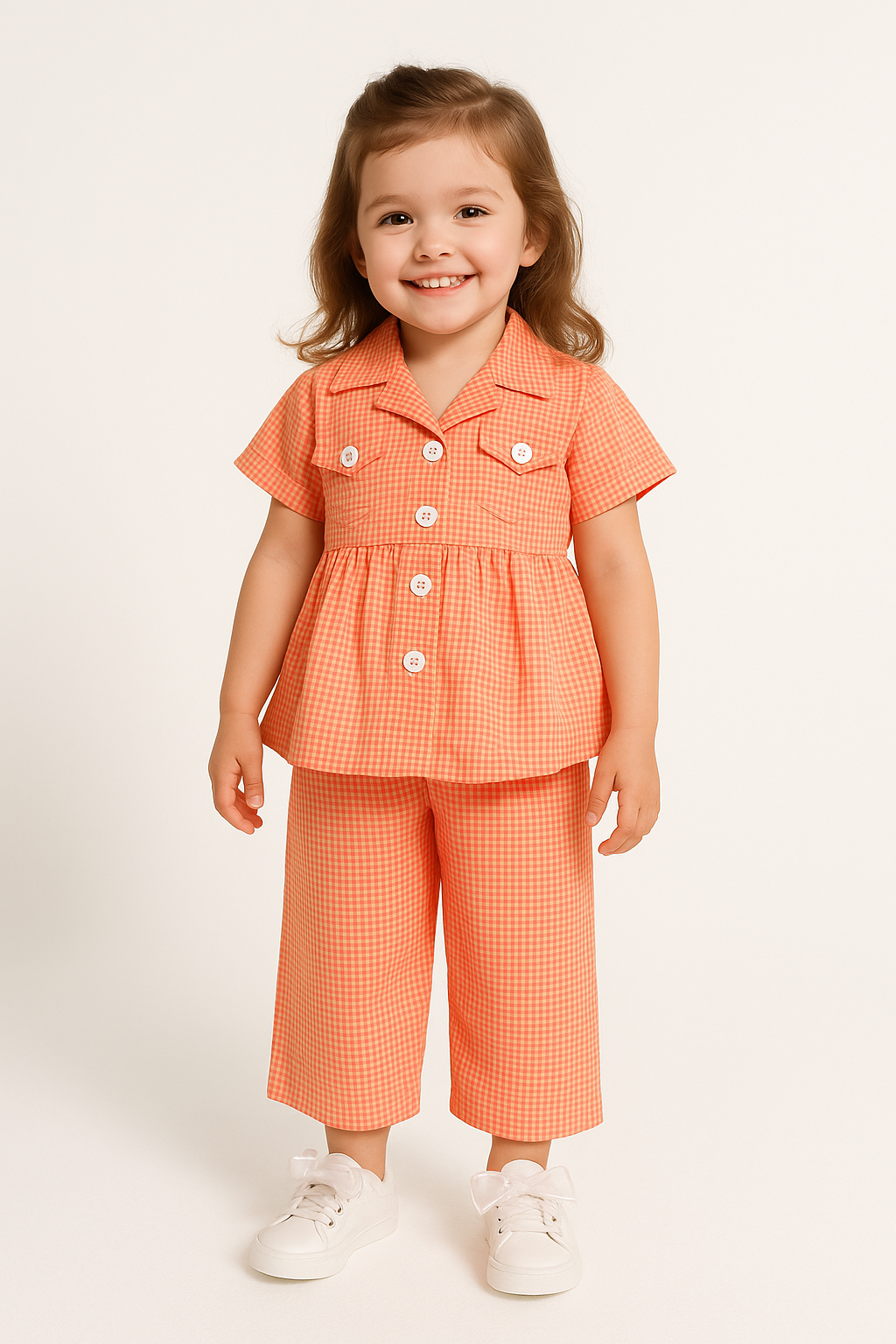 Girls’ Peach Gingham Button-Down Cotton Summer Set