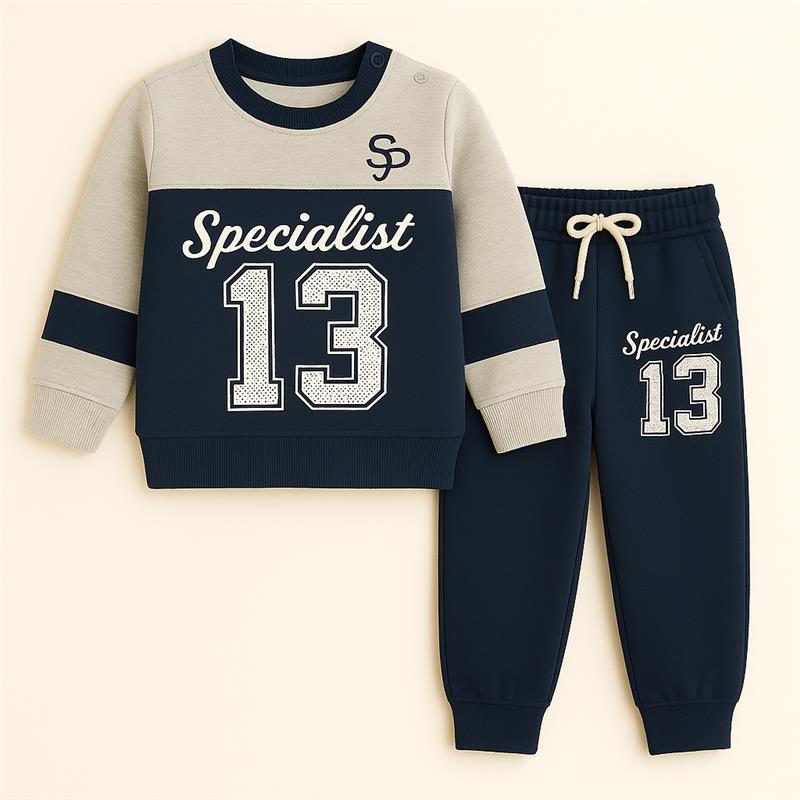 Navy Specialist 13 Winter Tracksuit for Boys featuring a cozy sweatshirt and jogger pants in beige and navy.