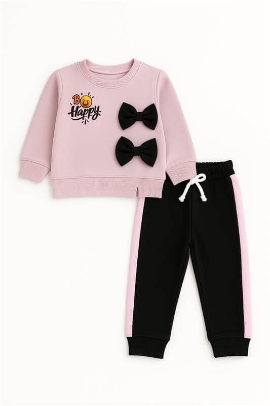 Girls Be Happy Pink & Black Bow Tracksuit