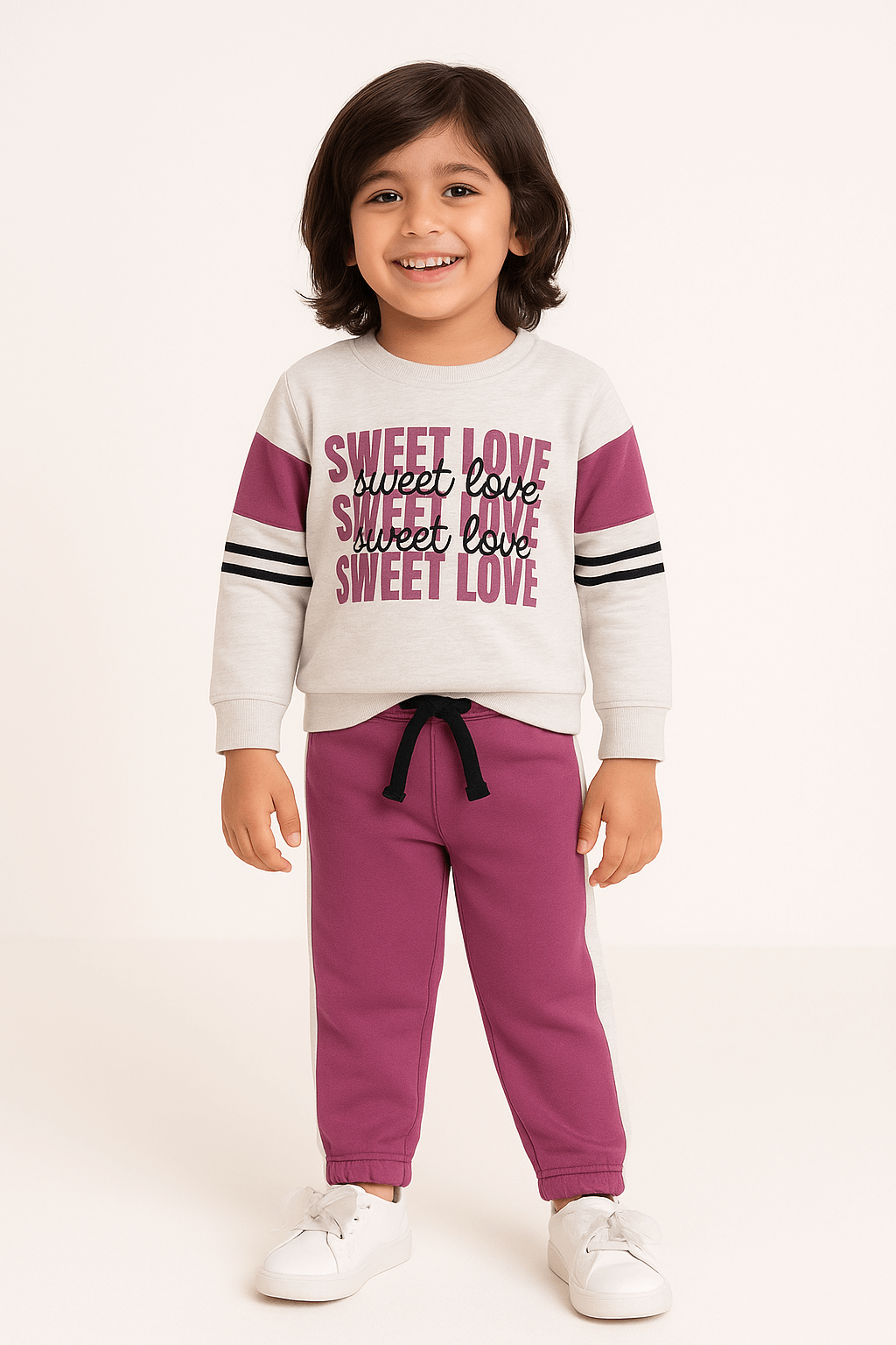 Kids Sweet Love Printed Winter Tracksuit Set