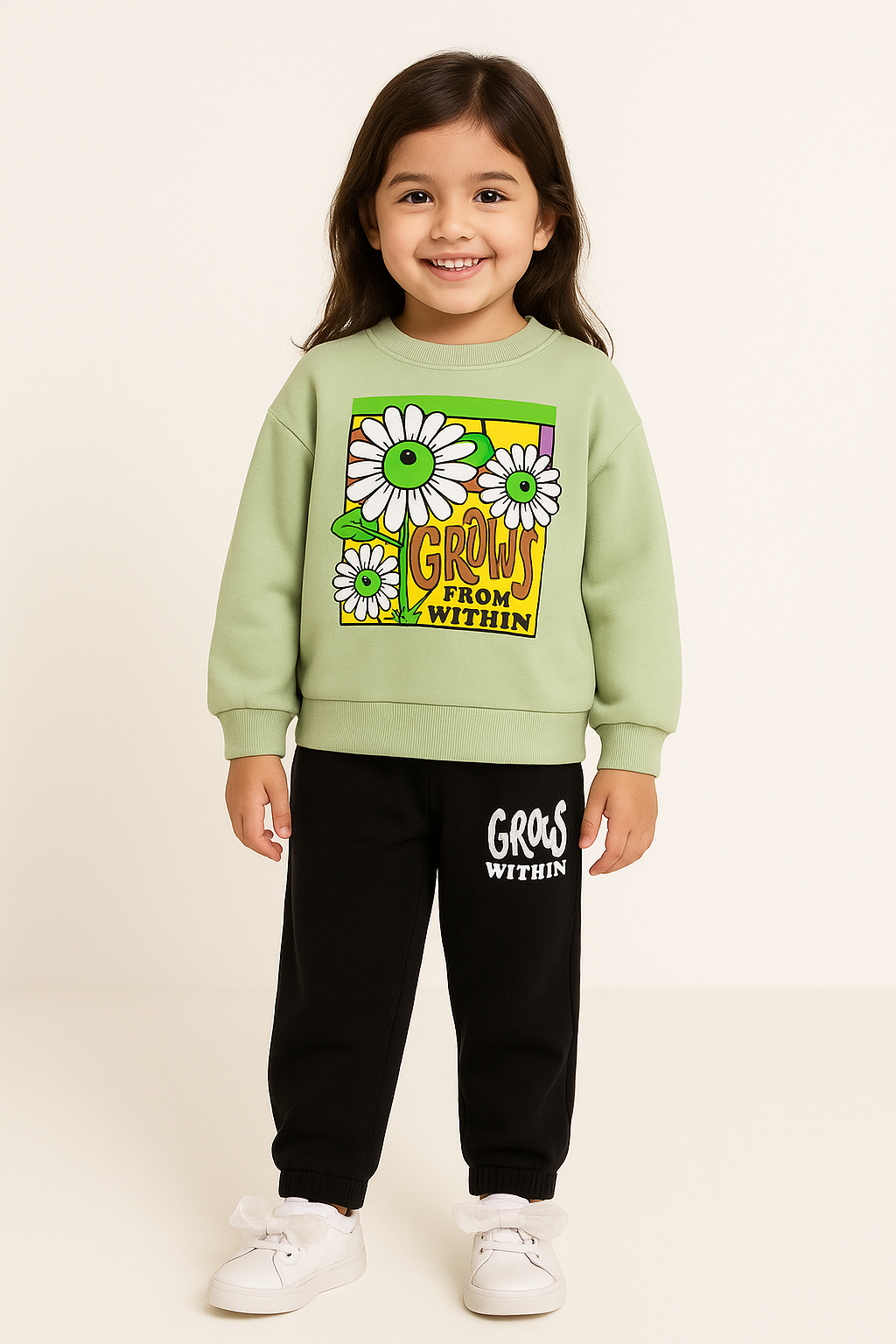 Baby Girls Grows Flowering Fleece White Sweatshirt With Black Trouser 2 Piece premium Quality Set