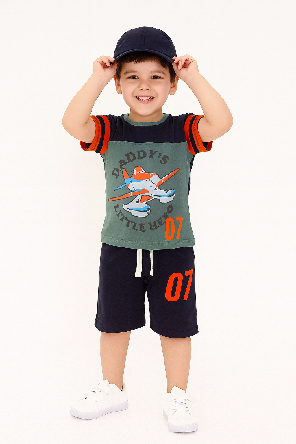 Daddy’s Little Hero Boys Summer Set – Airplane Print Tee with No. 07 Shorts