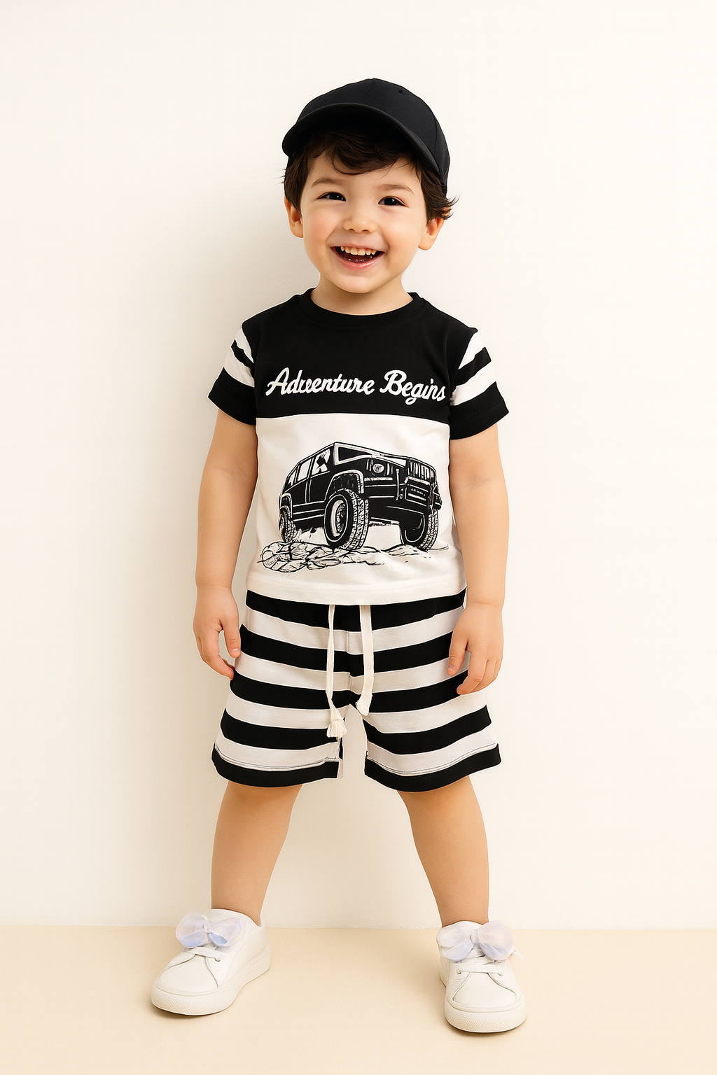 Adventure Begins Boys Summer Set – Monochrome Jeep Graphic Outfit