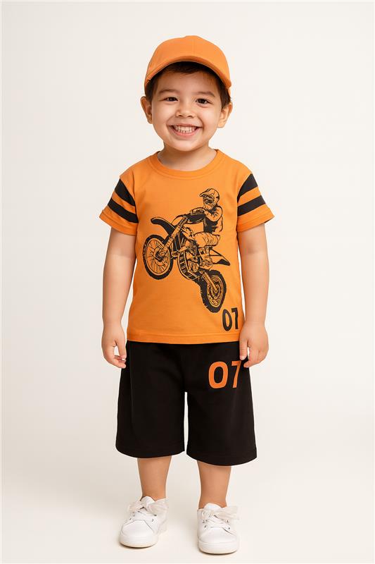 Biker Adventure Boys Summer Set – Orange & Black Cotton Outfit