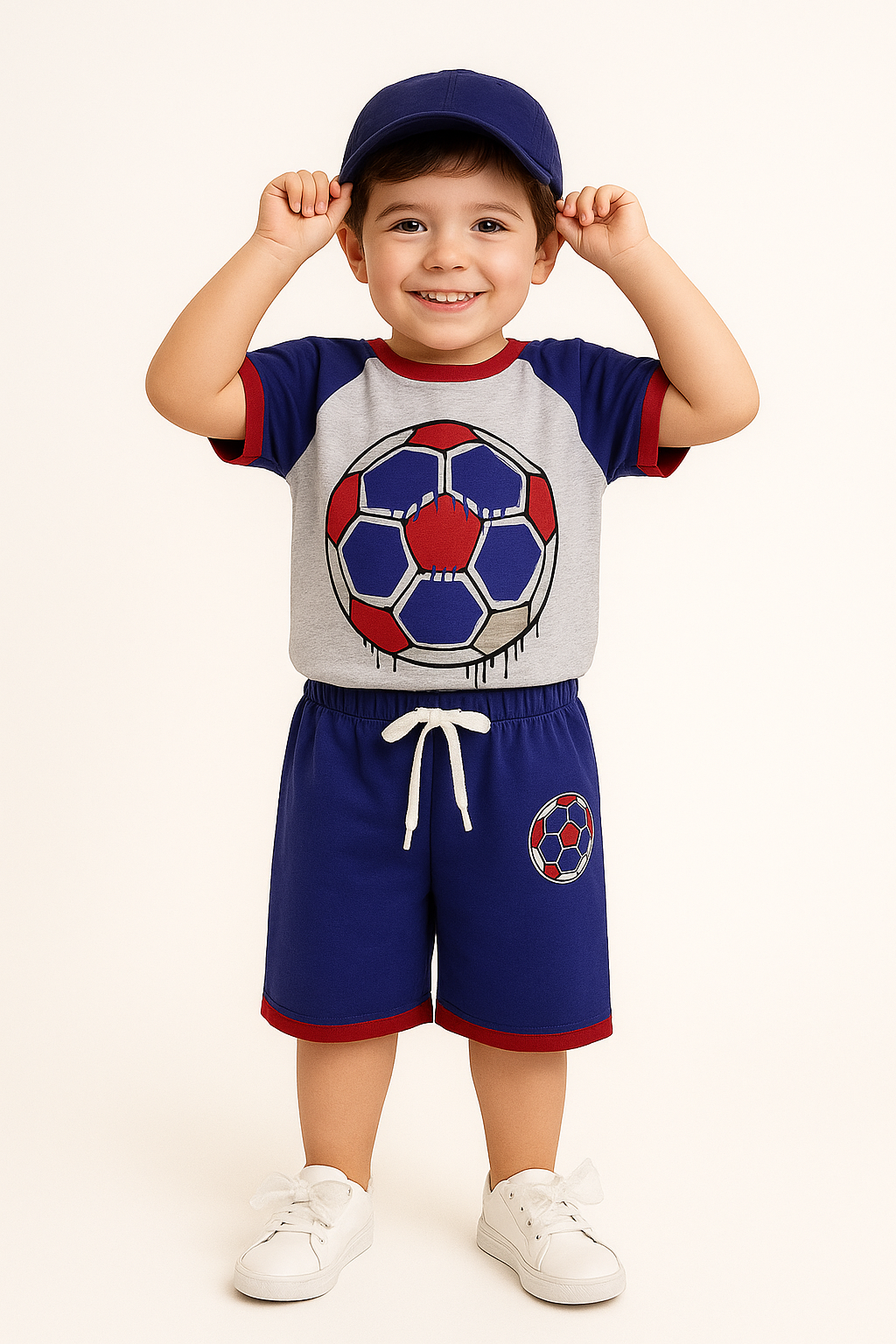 Boys' Summer Football Print T-Shirt & Shorts Set – Red, Blue & Grey Combo