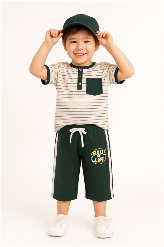 Boys' Cotton Summer Set – "Ball is Life" Striped Tee & Jogger Pants