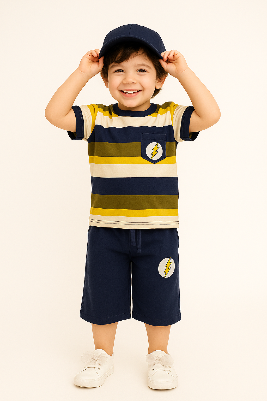 Boys' Striped Cotton Summer Set with Lightning Bolt Design