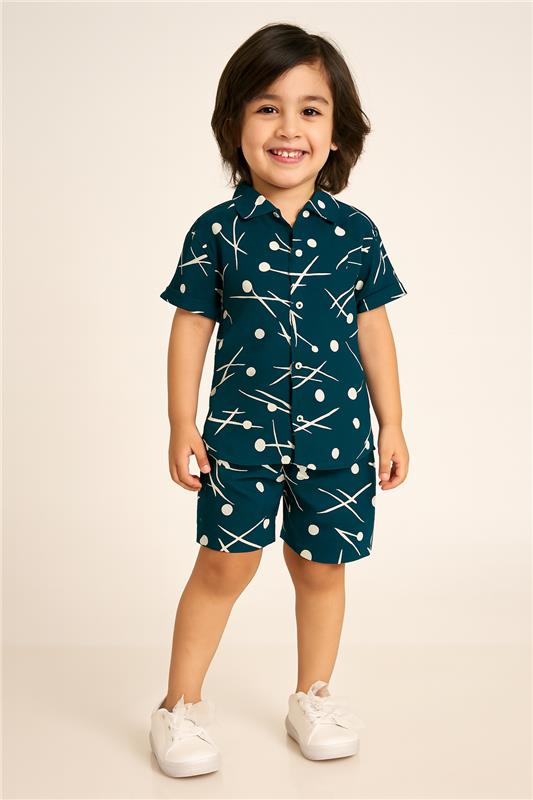 Green & White Casual Linen Co-Ord Set for Kids