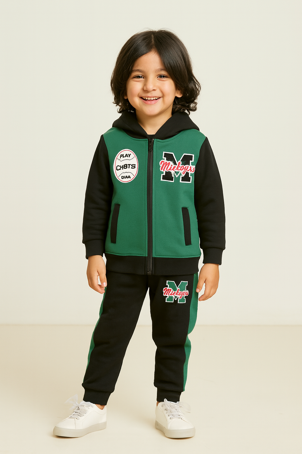 Zipper Green Black Pocket Hoodie With panel Trouser 2pcs Set