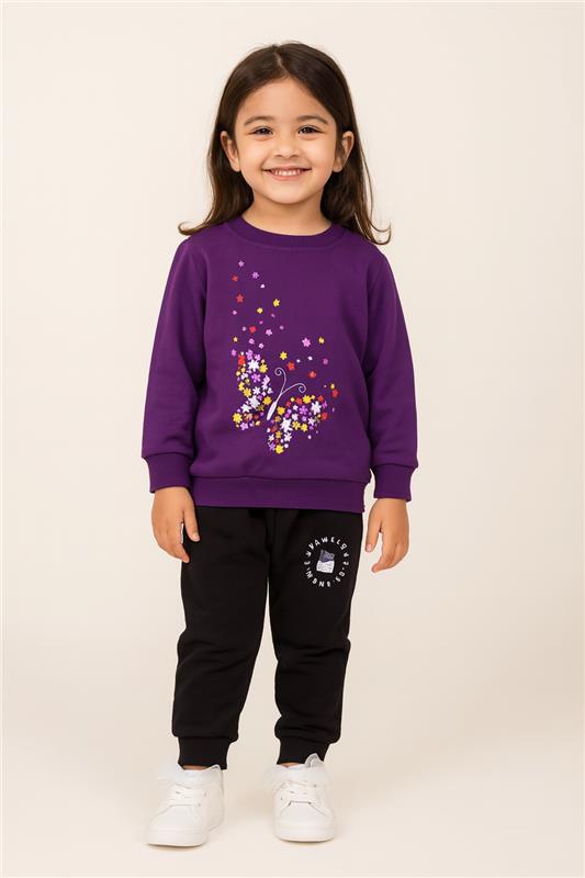 Baby Girl Purple Sweatshirt Butterfly Print & Black Pocket Trouser 2pcs Outfits Set