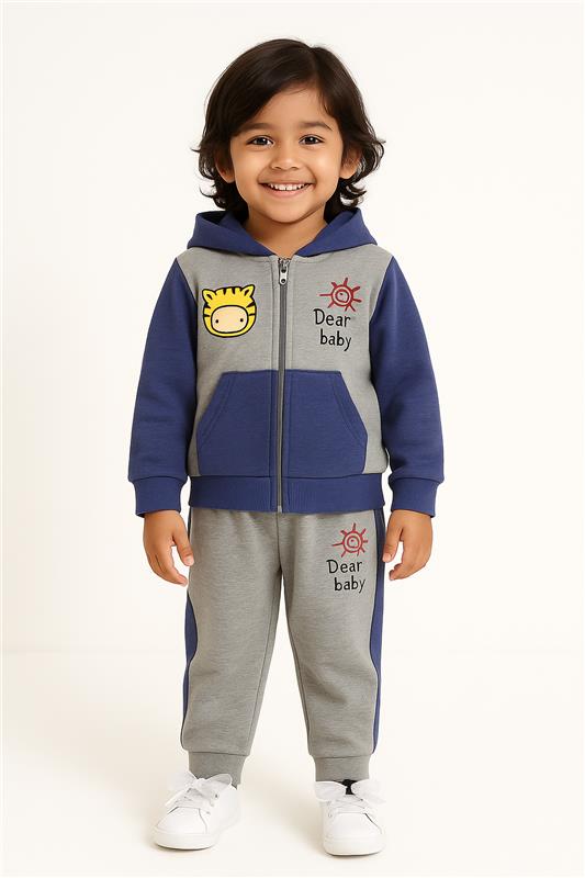 Dear Baby Blue & Grey Zipper Hoodie With Pannel Trouser And Dori 2 Piece Premium Quality Set